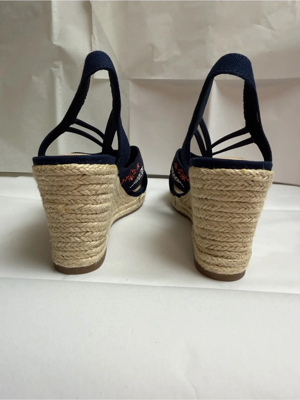 Dress Barn Navy Embroidered Espadrille Wedge Sandals
